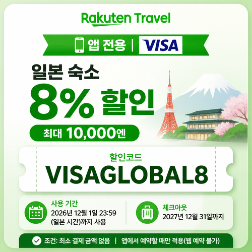 라쿠텐트래블 Visa 카드 앱 전용 8% 할인코드